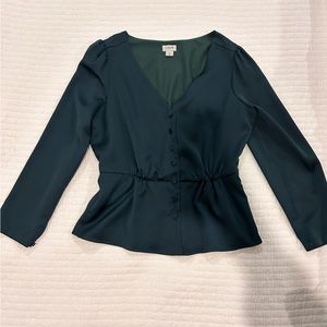 J crew green, satin feel, button front shirt with v neck and peplum bottom